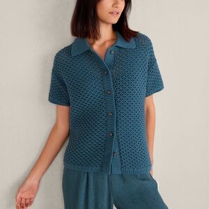 HAVEN WELL WITHIN WOMENS COTTON KNOT STITCH CARDIGAN SWEATER BUTTON LARGE TEAL